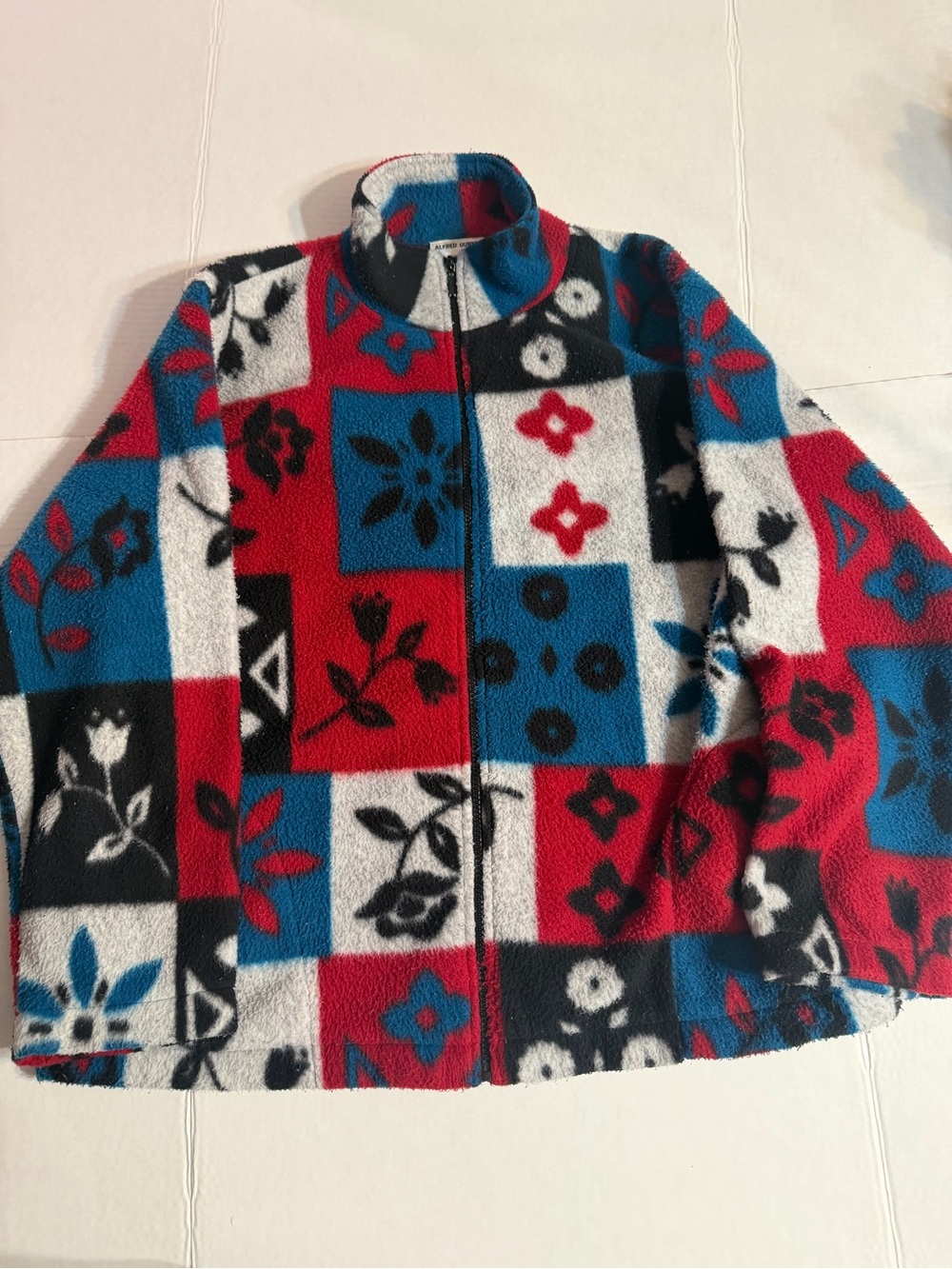 Alfred Dunner Vintage Fleece Jacket L Patchwork Floral Folk Quilt Print Red Blue